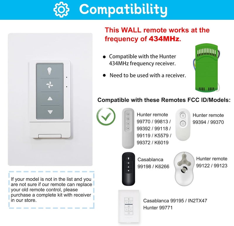 COREBAY Universal Ceiling Fan Remote Control with Light Dimmer, 3 Speed Wall Switch, Compatible with Hunter 434MHz Receiver/Remote Only, Single Pole, Neutral Wire Needed (no Included Receiver) - Image 3